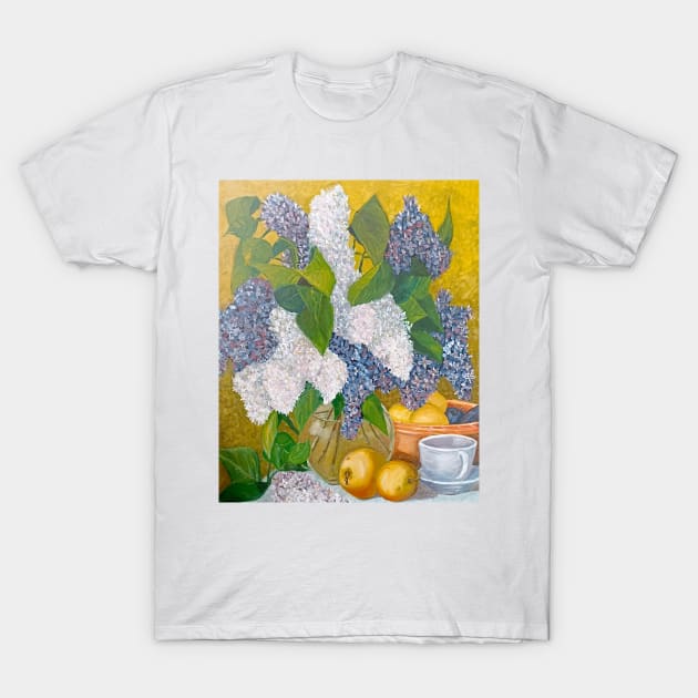 Still life with a bouquet of lilacs and fruits T-Shirt by TaliArtiYa